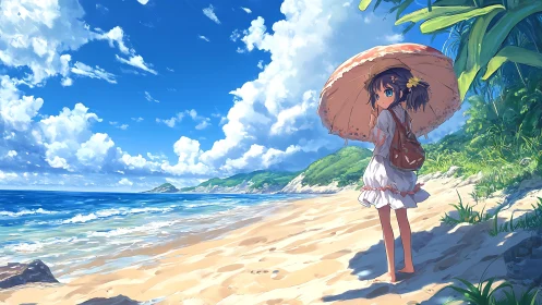 Sunlit parasol girl quietly bookmarks a perfect beach day