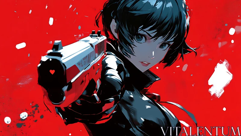 Gun-wielding heroine dominates bold red anime backdrop.