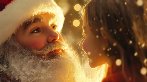 Warm Christmas closeup with Santa and child in golden light.