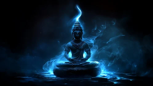 Luminous seated figure in blue vaporous digital environment.