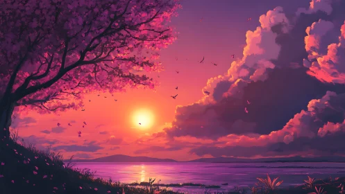 Gentle sunset glow under cherry blossoms by a quiet shore.