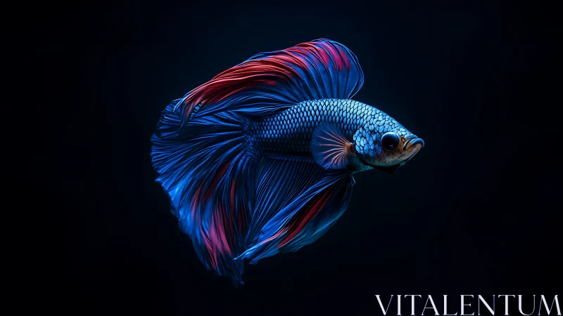 Electric blue betta fish glides through dark, moody water