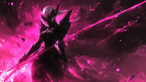 Armored void warrior channels magenta energy in dynamic vortex