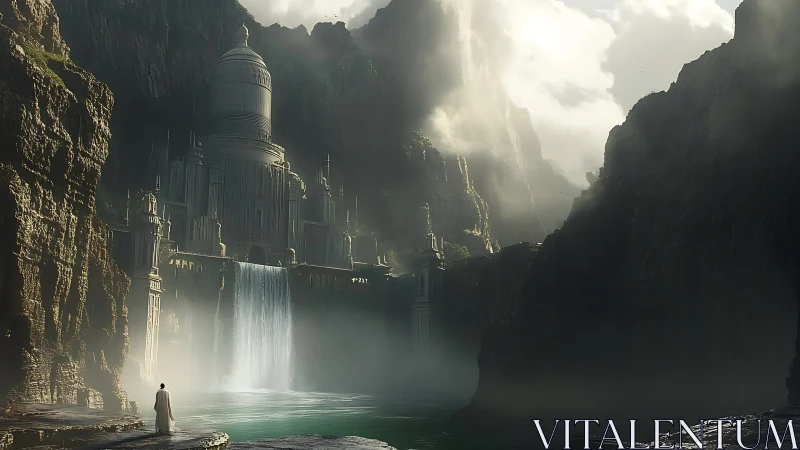 Monolithic cliffside citadel with cascading waterfall and lone observer