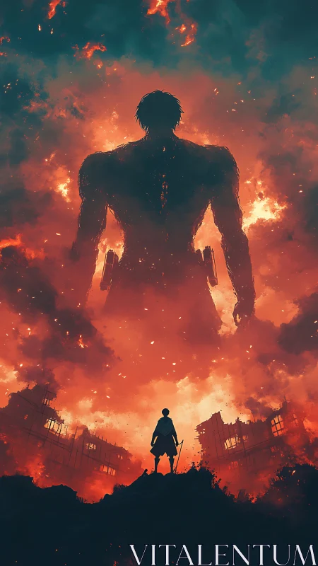 Silhouetted human confronts towering figure amid burning ruins