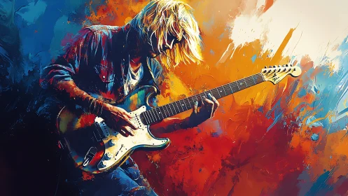 Electric guitar soloist lost in vivid swirling color.