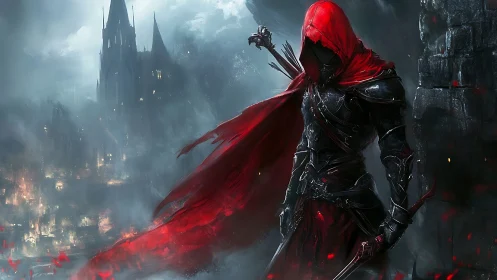 Hooded assassin in red cloak overlooks gothic city in storm haze