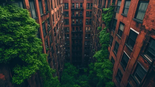 Vertical courtyard canyon contrasts ivy growth and brick facades