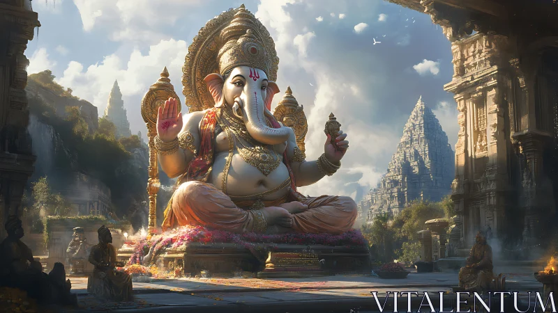 Elephant headed serenity glows within sunlit temple ruins