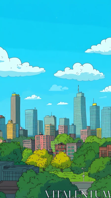 Cartoon skyline above lush urban park in bright daylight.