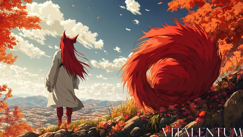 Fox-eared wanderer overlooking vast autumn valley panorama.