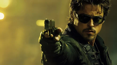 Armed agent in tactical gear aims pistol toward camera lens