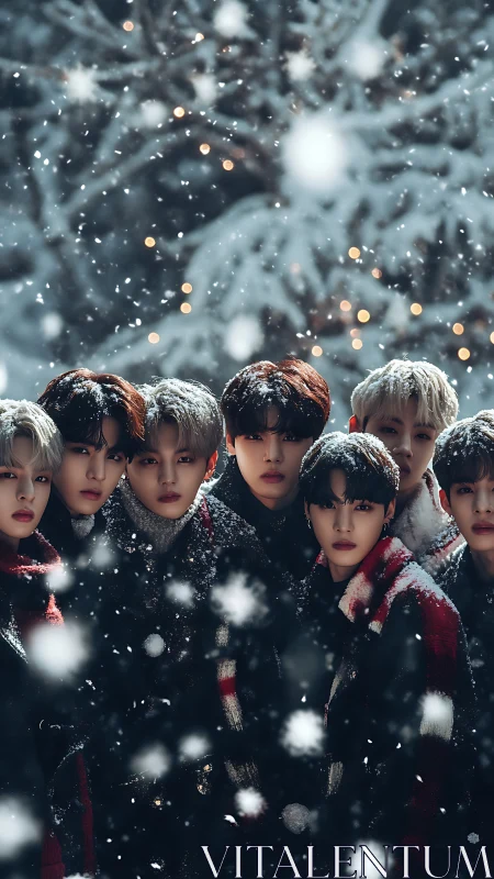 Group portrait of seven people in winter snowfall outdoors.