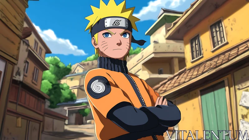 Blond ninja teen in orange tactical jacket, village street scene