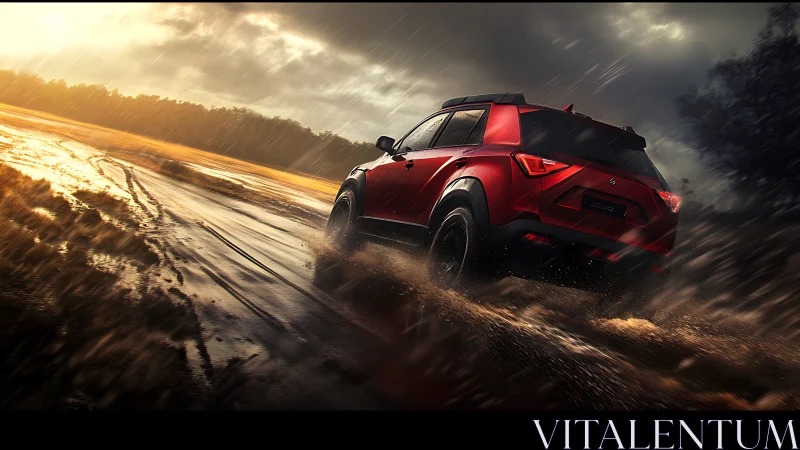 Red SUV powers through stormy muddy off road track.