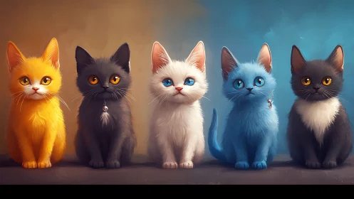 Five Stylized Cats with Luminous Eyes Arranged in Profile
