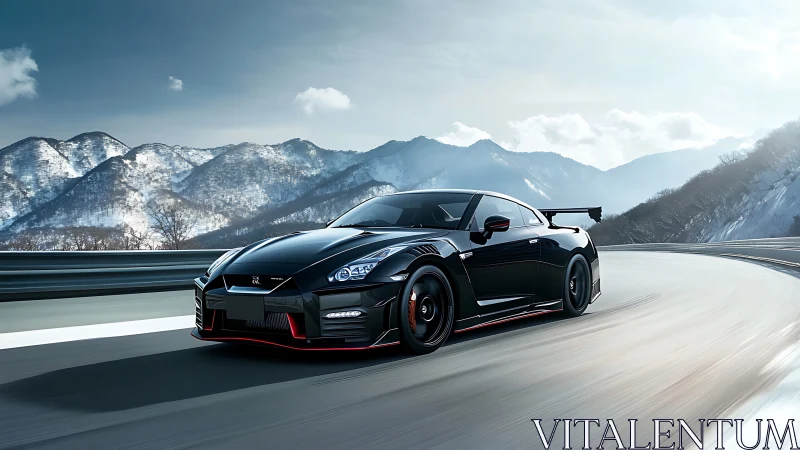 Obsidian supercar slices through a frozen mountain curve.