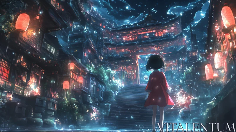 Lantern-lit shrine ascent with solitary girl in red cloak.