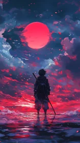 Lone swordsman silhouetted beneath crimson celestial moon.