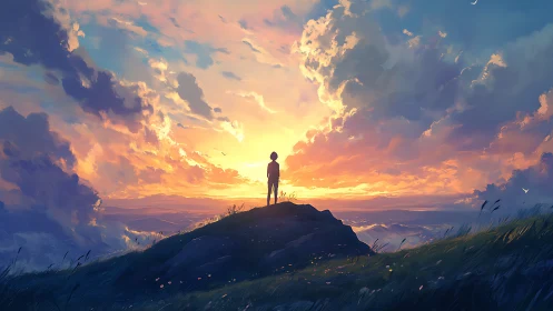 Quiet hilltop sunrise with a dreamer bathed in color.