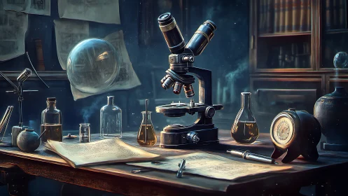 Midnight microscope dreams in a vintage alchemist’s lab.