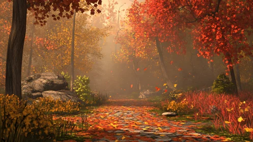 Autumn Forest Canopy With Volumetric Atmospheric Haze and Ochre Foliage