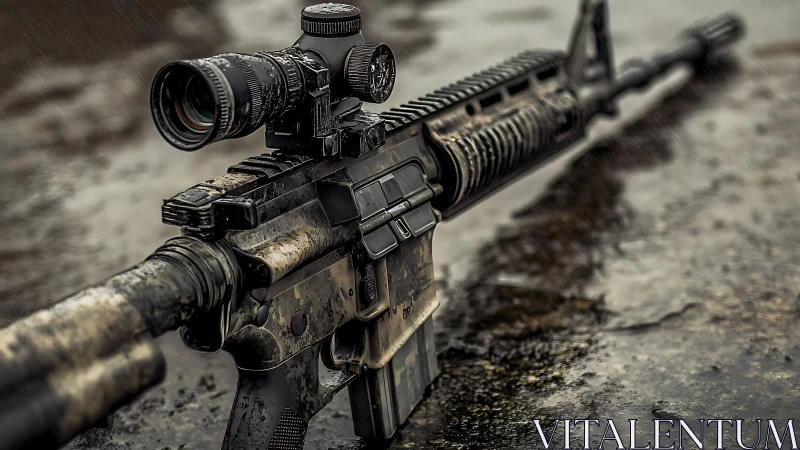 Precision rifle with optic in wet environmental test conditions.