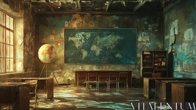 Old classroom interior with worn chalkboard and globe.