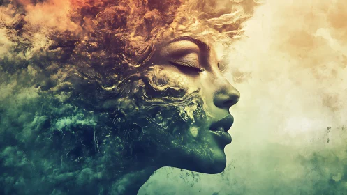 Surreal digital portrait of a woman dissolving into clouds.