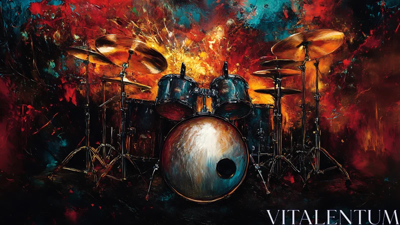 Drum kit rendered against explosive abstract chromatic backdrop