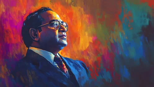 Formal male portrait against vivid abstract color field.