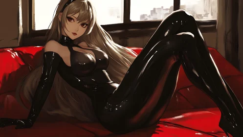 Anime femme fatale reclines in glossy black catsuit on sofa