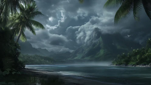 Tropical Paradise With Dramatic Storm Clouds.