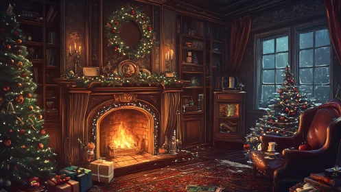 Warm Victorian Christmas hearth in softly glowing study.