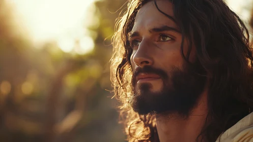 Sunlit contemplative portrait of bearded long-haired man.