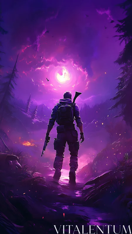 Neon forest operative under vortex-lit apocalyptic sky.