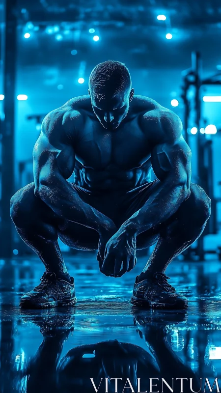 Muscular man crouching in blue gym lighting reflection.