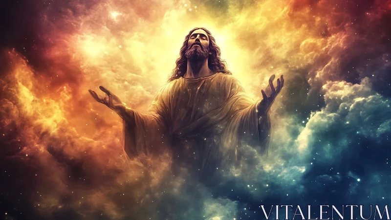 Heavenlit figure rises through swirling nebula-hued clouds