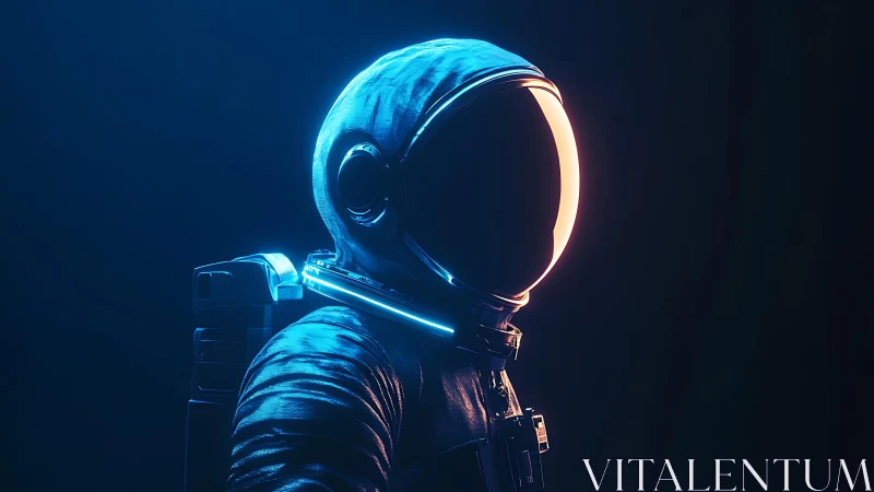 Lone space traveler bathed in gentle neon starlight glow.