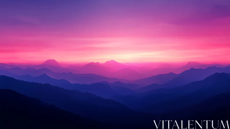 Vibrant pink and purple sunset over layered mountains.