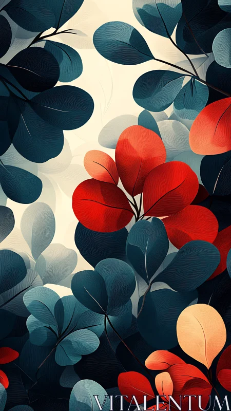 Bold abstract foliage art blends deep blues with vivid reds