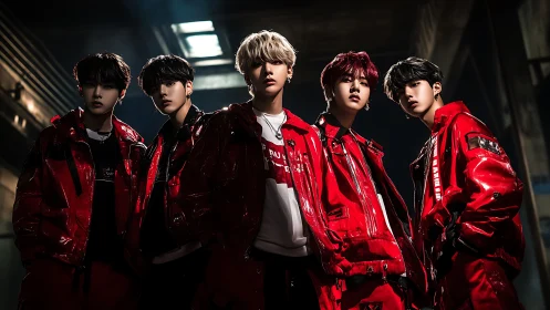 Red-clad boy band in cinematic low-key studio lighting stance