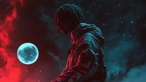 Solitary astronaut drifts beneath a neon moonlit cosmos