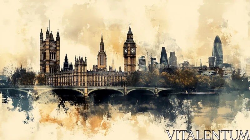 Layered London skyline merges neo-gothic silhouettes with misty ink washes