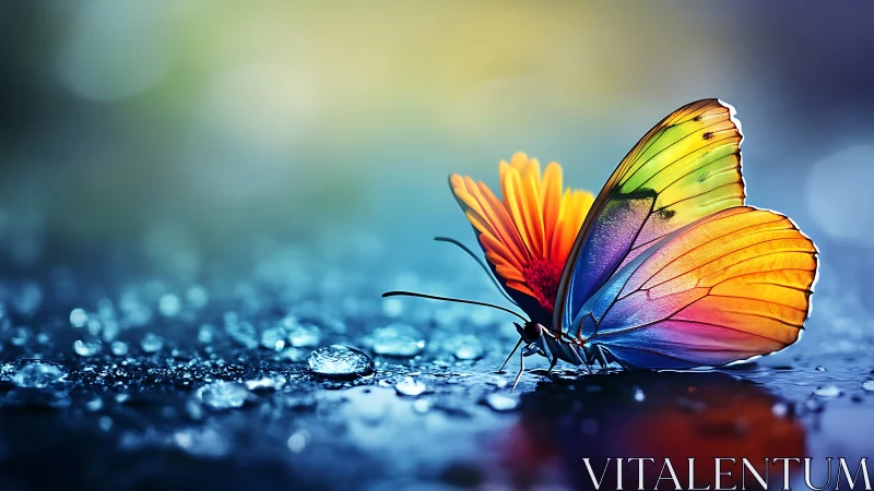Rainbow butterfly rests on dewy surface in soft light.