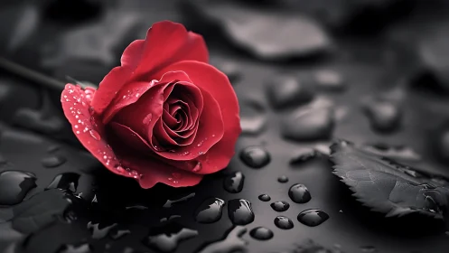 Vivid Red Rose with Water Droplets on Dark Wet Surface.