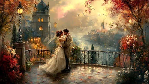 Romantic Embrace Over a Fairy Tale City at Golden Hour
