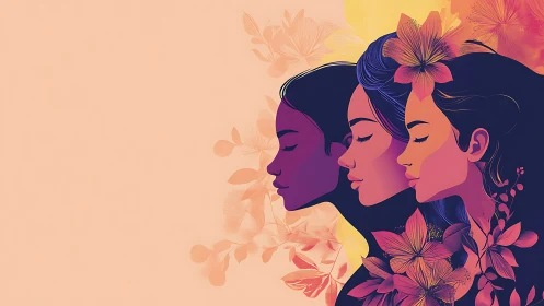 Three Women in Profile with Floral Accents, Modern Vector Art.