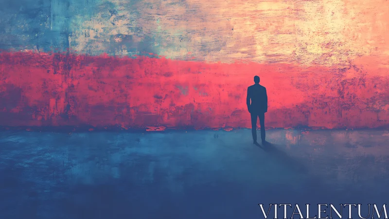 Solitary dreamer standing before a glowing abstract horizon.