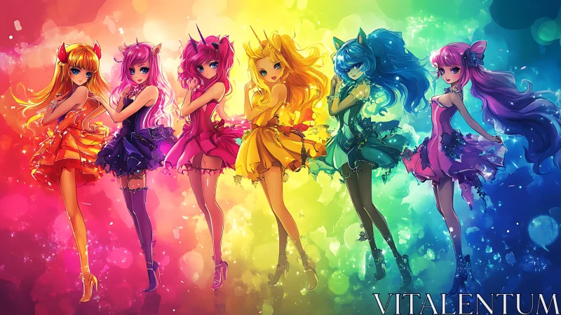 Rainbow lineup of six colorful anime magical girls.
